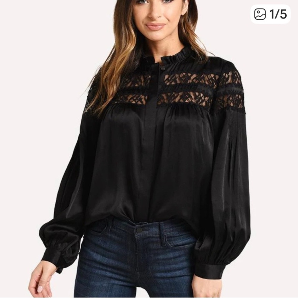 Frame Denim With Mandarin Collar Black Lace Detail Blouse M EUC MSRP $350